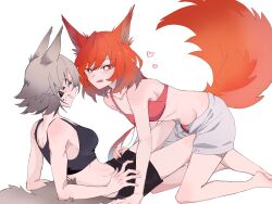  2girls :p animal_ears arknights ashlock_(arknights) bare_arms bare_shoulders black_shorts blush bright_pupils camisole collarbone commentary crop_top dilated_pupils eye_contact face-to-face flametail_(arknights) grey_eyes grey_hair grey_shorts grey_tail groin heart highres looking_at_another material_growth multiple_girls navel orange_eyes orange_hair orange_tail oripathy_lesion_(arknights) short_hair shorts simple_background sleeveless symbol-only_commentary tail tongue tongue_out toto_(t0t00629) white_background white_pupils yuri 