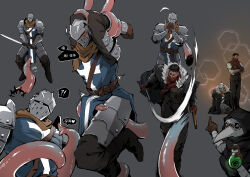  !? 2boys armor armored_gloves armored_legwear arms_behind_head bandana bandana_over_mouth belt black_coat black_footwear black_hood black_jacket black_pants blue_tabard blush boots brown_belt brown_gloves brown_hair brown_scarf brown_vest chest_strap coat commentary crossed_arms crusader_(darkest_dungeon) cutting dagger darkest_dungeon female fur-trimmed_coat fur_trim gloves hand_to_own_mouth heart helm helmet highres highwayman_(darkest_dungeon) holding holding_potion holding_sword holding_weapon hood hood_up jacket knee_up knife knight male_focus multiple_boys pants plague_doctor_(darkest_dungeon) plague_doctor_mask pointing potion red_bandana restrained scarf shirt short_hair sleeves_rolled_up sweat sweatdrop sword tabard tentacle vest wasimaymay weapon white_fur white_shirt 