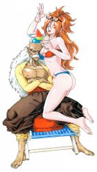  1boy absurdres android_21 ass barefoot between_breasts bikini black-framed_eyewear black_nails blue_bikini blue_eyes bracelet breasts brown_pants cleavage couple crossed_arms dark-skinned_male dark_skin dr._gero_(dragon_ball) dragon_ball dragon_ball_fighterz dragon_ball_z earrings english_commentary exposed_brain eyewear_on_head face_between_breasts facial_hair female food glasses gold_bracelet gold_earrings gold_ring hand_up head_between_breasts highres hoop_earrings husband_and_wife jewelry kneeling long_hair looking_at_viewer looking_back messy_hair moustache o-ring o-ring_bikini old old_man one_eye_closed open_mouth orange_hair pants popsicle red_bikini silverwoodwork sitting smile straight strapless strapless_bikini sweatdrop swimsuit two-tone_bikini underboob vomi_(dragon_ball) watermelon_bar white_background white_hair yellow_sleeves 