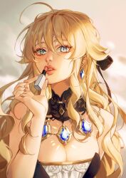  ahoge bare_arms bare_shoulders blonde_hair blue_eyes breasts cleavage cosmetics dress earrings female genshin_impact ggelus hair_between_eyes hand_up highres holding holding_lipstick_tube jewelry lipstick_tube long_hair looking_at_viewer navia_(genshin_impact) necklace no_headwear parted_lips pink_lips solo strapless strapless_dress upper_body very_long_hair 