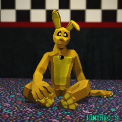  3_toes 5_fingers anthro black_eyes claws feet finger_claws fingers five_nights_at_freddy&#039;s five_nights_at_freddy&#039;s_3 fur jumthro lagomorph leporid low_poly male mammal on_ground pawpads paws pupils rabbit scottgames sitting solo spring_bonnie_(fnaf) springlock_suit stage_01_spring_bonnie_(fnaf) toe_claws toes yellow_body yellow_claws yellow_fur yellow_pupils 