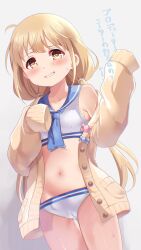  blonde_hair blush brown_eyes cardigan commentary_request female flat_chest futaba_anzu highres idolmaster idolmaster_cinderella_girls long_hair looking_at_viewer natu_28_natu navel open_cardigan open_clothes sailor_bikini sailor_collar sailor_swimsuit_(idolmaster) single_bare_shoulder sleeves_past_fingers sleeves_past_wrists solo sweat 