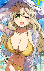  ;d arm_up bikini blue_archive blush breasts cleavage collarbone commentary_request cowboy_shot female front-tie_bikini_top front-tie_top green_eyes green_halo groin hair_between_eyes halo hat highres jacket large_breasts long_hair looking_at_viewer navel nonomi_(blue_archive) nonomi_(swimsuit)_(blue_archive) official_alternate_costume one_eye_closed open_clothes open_jacket open_mouth see-through see-through_jacket side-tie_bikini_bottom sidelocks smile solo standing stomach sun_hat swimsuit white_hat yasume_yukito yellow_bikini 