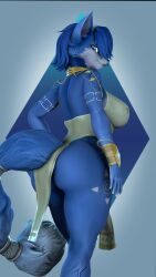  3d_(artwork) 9:16 anthro armor ass big_butt blue_body blue_fur blue_hair blue_tail breasts canid canine clothing curvy_figure digital_media_(artwork) dress female fox fur furgonomics gauntlets gloves gold_(metal) gold_jewelry gradient_background hair handwear hi_res jewelry krystal_(star_fox) looking_at_viewer mammal nintendo simple_background smile smiling_at_viewer solo source_filmmaker_(artwork) star_fox tail tattoo teal_eyes thevestige thick_thighs tribal tribal_tattoo voluptuous voluptuous_anthro voluptuous_female warfare_krystal white_body white_fur 