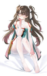  absurdres aqua_dress bare_shoulders bow breasts brown_hair dress earrings female glasses hairbow highres jewelry long_hair looking_at_viewer medium_breasts multicolored_hair multiple_hair_bows pantyhose pink_eyes round_eyewear semi-rimless_eyewear sitting soles solo twintails two-tone_eyes white_bow white_pantyhose wuthering_waves yaxiya zhezhi_(wuthering_waves) 