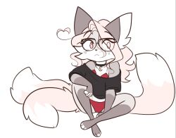  anthro bra canid canine clothing eyewear female female/female fox fur glasses grey_body grey_clothing grey_fur grey_sweater grey_topwear hair lunariumn mammal panties pink_hair red_bra red_clothing red_panties red_underwear sitting sitting_on_ground solo sweater topwear underwear 