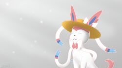  ambiguous_gender blue_eyes bow_accessory closed_eyes clothing eeveelution feral fur generation_6_pokemon grey_background hat headgear headwear light light_beam nintendo pink_body pink_fur pokemon pokemon_(species) simple_background solo straw_hat sunbeam sunlight sylveon tape white_body white_fur zalivkustsyganili 