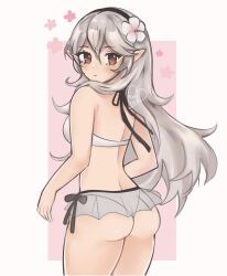  ass ass_focus back bare_shoulders bikini blush breasts brown_eyes commentary corrin_(female)_(fire_emblem) corrin_(female)_(summer)_(fire_emblem) corrin_(fire_emblem) cowboy_shot female fire_emblem fire_emblem_fates fire_emblem_heroes flower from_behind grey_hair hair_flower hair_ornament hairband highres long_hair looking_at_viewer looking_back medium_breasts official_alternate_costume pointy_ears purrlucii red_eyes solo standing swimsuit thighs very_long_hair white_bikini white_hair 