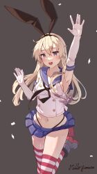  anchor_hair_ornament animal_ears arm_up armpits artist_name black_neckerchief black_panties blonde_hair blue_eyes blush breasts crop_top elbow_gloves fake_animal_ears female gloves grey_background hair_ornament hairband highleg highleg_panties highres himeyamato kantai_collection long_hair looking_at_viewer medium_breasts microskirt midriff navel neckerchief open_mouth panties red_thighhighs sailor_collar shimakaze_(kancolle) skirt solo standing standing_on_one_leg striped_clothes striped_thighhighs thighhighs underwear white_gloves 