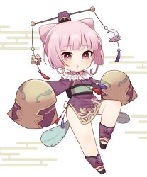  :o atelier_(series) atelier_sophie black_footwear blunt_bangs chibi chinese_knot clothing_cutout cone_hair_bun corneria_(atelier) crescent dress egasumi endless_knot feathers female frilled_dress frills full_body hair_bun highres japanese_clothes kinakonato long_sleeves looking_at_viewer open_mouth outstretched_arms pink_eyes pink_hair purple_dress sash shoes short_hair side_cutout sleeves_past_wrists solo spread_arms standing standing_on_one_leg sun_symbol white_background 