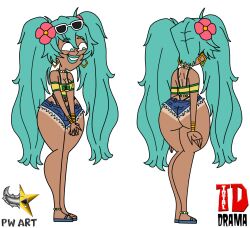  accessories aqua_eyes aqua_hair big_ass big_butt blouse brazilian_miku breasts cartoon clothed clothing denim_shorts different_artstyle jewelry latin_american_hatsune_miku_(meme) latina lipstick long_hair medium_breasts navel_piercing sandals simple_coloring smile sunglasses_on_head tanned_girl tanned_skin thick_thighs very_long_hair 