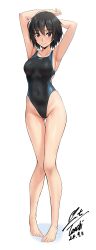  absurdres amagami armpits arms_up artist_name bare_shoulders barefoot black_hair breasts brown_eyes collarbone commentary competition_swimsuit covered_navel dated female full_body hair_between_eyes highleg highres knees_together_feet_apart light_blush looking_at_viewer loose_hair_strand medium_breasts nanasaki_ai one-piece_swimsuit pigeon-toed shadow short_hair sideboob signature simple_background solo standing swimsuit thigh_gap white_background yoo_tenchi 