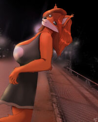  2023 5_fingers anthro bent_arm big_breasts black_nose black_sky breasts canid canine clothed clothed_anthro clothed_female clothing colored digital_drawing_(artwork) digital_media_(artwork) draw_over dress eyebrows female fence fingers flosar fox fur grey_clothing grey_dress grey_eyes hair huge_breasts leaning leaning_backward long_hair looking_at_viewer mammal multicolored_clothing multicolored_dress night no_pupils open_mouth open_smile orange_body orange_breasts orange_eyebrows orange_fur orange_hair orange_tail outside photo_background photography_(artwork) pink_mouth plant railing red_fox shaded sky smile solo street_lamp tail tree true_fox two_tone_clothing two_tone_dress walkway white_body white_fur white_inner_ear 