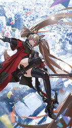  absurdres angelina_(arknights) animal_ears arknights arknights:_endfield auguste black_collar boots brown_hair coat collar earpiece elbow_gloves falling female fox_ears fox_girl full_body gloves hairband highres jacket long_hair looking_at_viewer open_clothes open_coat open_mouth red_eyes red_hairband smile solo thigh_boots twintails 