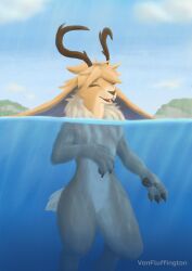  absurd_res anthro antlers brown_body brown_fur clear_water closed_eyes day detailed digital_drawing_(artwork) digital_media_(artwork) fur happy hi_res horn huge_filesize lagomorph lambert_(vonfluffington) male mammal nude outside partially_submerged sea smile solo swimming three-quarter_view vonfluffington water waterline_view wings wolpertinger 