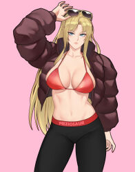  alternate_costume arm_up artist_name bikini bikini_top_only black_pants blonde_hair blue_eyes brown_jacket clarisse_(fire_emblem) clothes_writing collarbone commentary commission cowboy_shot eyewear_on_head female fire_emblem fire_emblem:_new_mystery_of_the_emblem jacket leggings long_hair looking_at_viewer meziosaur navel open_clothes open_jacket pants pink_background red_bikini simple_background solo standing stomach sunglasses swimsuit thighs very_long_hair 