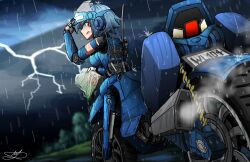  android anthro exhaust exhaust_pipe exhaust_smoke female hans hi_res kitticharoench1 living_machine living_motorcycle living_vehicle machine mecha motorcycle night raining road robot vehicle 