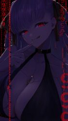  bb_(fate) bb_dubai_(fate) binary black_choker black_dress braid braided_hair_rings breasts center_opening choker cleavage dress fate/grand_order fate_(series) hair_ribbon highres large_breasts nail_polish purple_hair red_eyes red_nails ribbon tongue tongue_out toumokorosi_01 twin_braids upper_body 