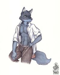  2002 abs anthro black_nose bottomwear brown_bottomwear brown_clothing brown_pants canid canine canis clothed clothing collared_shirt colored_pencil_(artwork) drawstring drawstring_pants dress_shirt fur green_eyes grey_body grey_fur half-length_portrait hand_on_hip hand_on_own_hip humanoid_hands kestral_(artist) male mammal navel open_clothing open_shirt open_topwear pants pecs portrait rolled_up_sleeves shaded shirt simple_background snout solo tail topwear traditional_media_(artwork) white_background white_clothing white_inner_ear white_shirt white_topwear wolf 