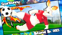  16:9 3d_(artwork) 4k absurd_res anthro breasts clothing digital_media_(artwork) feet female fire football_field fur generation_8_pokemon hi_res mepel nintendo outlined paws pokemon pokemon_(species) rabbit_ears scorbunny soccer solo sport thick_thighs uniform widescreen 