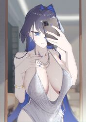  backless_dress backless_outfit blue_hair breasts cleavage dress evening_gown fapieeee female hair_intakes halter_dress halterneck highres hololive hololive_english large_breasts ouro_kronii phone plunging_neckline revealing_clothes selfie silver_dress solo tongue tongue_out virtual_youtuber 