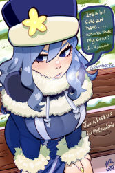  2024 artist_name averting_eyes bench blue_capelet blue_eyes blue_hair blue_jacket blush breasts breath capelet character_request english_text eyelashes eymbee fairy_tail female fingernails flower fur-trimmed_capelet fur-trimmed_collar fur-trimmed_headwear fur-trimmed_sleeves fur_trim grass hand_on_lap hand_on_own_thigh hat hat_flower jacket juvia_lockser large_breasts long_hair long_sleeves looking_to_the_side nail_polish open_mouth side_slit sitting snow solo speech_bubble twitter_username yellow_flower yellow_nails 