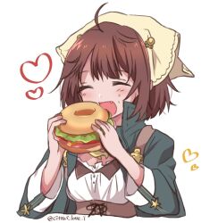  :d ^_^ atelier_(series) atelier_sophie bagel_sandwich brown_hair closed_eyes commentary cropped_torso eating facing_viewer female food food_on_face hands_up haruna_(citrus_love_i) head_scarf holding holding_food long_sleeves oerba_yun_fang open_mouth short_hair simple_background smile solo sophie_neuenmuller upper_body white_background 