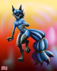  4_tails anthro big_tail big_tails black_body black_fur blue_body blue_eyes blue_fur canid canine claws digital_media_(artwork) es eyewear feet fgvfire fox fur glasses gold_rings hair hi_res keisatsuyo looking_at_viewer male mammal multi_tail simple_background solo tail toe_claws 