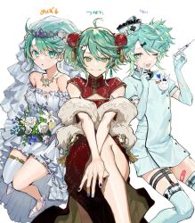  3boys :o ;d ahoge ankle_strap aqua_dress aqua_eyes aqua_gloves aqua_hair aqua_nails aqua_thighhighs artist_collaboration bandaid_on_thigh bare_shoulders black_nails blue_flower bouquet bow bridal_veil bun_cover china_dress chinese_clothes cleavage_cutout closed_mouth clothing_cutout collarbone crossdressing detached_sleeves double_bun dress elbow_gloves feather_boa feet_out_of_frame flower full_body gloves hair_between_eyes hair_bun hair_flower hair_ornament hairbow hairclip hat hat_pin high-low_skirt high_heels highres holding holding_bouquet holding_syringe holostars invisible_chair jewelry kagami_kira knee_up knees_together_feet_apart legwear_garter lily_(flower) looking_at_viewer male_focus mebaru mini_hat multicolored_nails multiple_boys multiple_persona namakawa necklace nozaki_tsubata nurse nurse_cap one_eye_closed otoko_no_ko own_hands_together puffy_short_sleeves puffy_sleeves rabbit_hair_ornament red_dress rose short_dress short_ponytail short_sleeves simple_background single_thighhigh sitting smile strapless strapless_dress swept_bangs syringe tassel thighhighs tiara tilted_headwear torn_clothes torn_gloves v v_arms veil virtual_youtuber wedding_dress white_background white_dress white_flower white_footwear white_gloves white_lily white_rose white_thighhighs 