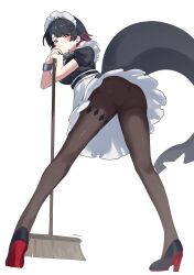  absurdres apron ass black_dress black_hair black_pantyhose breasts broom dress ellen_joe female fins fish_tail from_below high_heels highres holding holding_broom large_breasts looking_at_viewer maid maid_apron maid_headdress multicolored_hair pantyhose puffy_short_sleeves puffy_sleeves red_eyes red_hair shark_tail short_hair short_sleeves streaked_hair tail two-tone_hair upskirt vixsi_art white_apron white_background zenless_zone_zero 