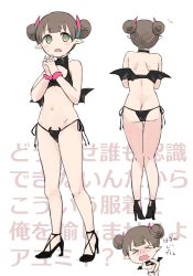  &gt;_&lt; ayumi_(princess_connect!) bare_shoulders bikini black_bikini black_footwear black_wings blush brown_hair chibi closed_eyes commentary_request demon_wings double_bun elf fake_horns fake_wings female flying_sweatdrops green_eyes gucchiann hair_bun high_heels highres horns multiple_views nose_blush open_mouth pointy_ears princess_connect! shoes side-tie_bikini_bottom simple_background swimsuit text_background translation_request wavy_mouth white_background wings 