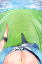  blue_dress blue_footwear blue_sky blue_wrist_cuffs boots breasts cleavage cloud commentary_request dress female fence fisheye grass highres large_breasts motion_blur motion_lines mountain mountainous_horizon outdoors pov reihou19 running sky solo super_creek_(umamusume) thigh_boots thighs umamusume wrist_cuffs 