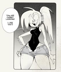  animal_humanoid black_and_white bottomwear breasts clothing dialogue female fin fish fish_humanoid freckles hair herny hi_res hotpants humanoid marine marine_humanoid monochrome navel ponytail priscilla_anchorstream shorts small_breasts smile solo thick_thighs unzipped unzipped_pants zipper 