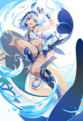  :d absurdres alternate_eye_color bare_legs bare_shoulders blue_hair blue_hairband braid breasts female fingerless_gloves genshin_impact gloves hairband haru_same322 highres light_blue_hair long_hair looking_at_viewer midriff mualani_(genshin_impact) multicolored_hair navel open_mouth purple_eyes simple_background small_breasts smile solo surfing symbol-shaped_pupils tan tanlines thighs 