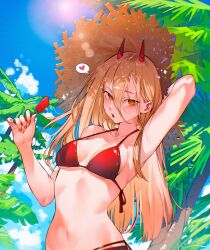  arm_behind_head bikini blonde_hair cesar_art456 chainsaw_man cloud cloudy_sky demon_horns female food highres holding holding_food holding_popsicle horns long_hair looking_at_viewer navel open_mouth palm_tree popsicle power_(chainsaw_man) red_bikini red_eyes sky solo string_bikini swimsuit tree 