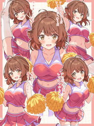  :d ;d absurdres ahoge arm_up armpits bare_shoulders blush border breasts brown_eyes brown_hair cheerleader cleavage collarbone cowboy_shot crop_top crop_top_overhang female gakuen_idolmaster groin hair_between_eyes hair_bun hanami_ume highres hiyoko_neneko holding idolmaster large_breasts looking_at_viewer midriff miniskirt multiple_views navel one_eye_closed open_mouth pink_border pleated_skirt pom_pom_(cheerleading) red_skirt shirt short_hair simple_background skirt sleeveless sleeveless_shirt smile standing standing_on_one_leg stomach sweat thighhighs translation_request v white_background white_thighhighs zettai_ryouiki 