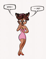  anthro ass big_breasts big_butt breasts clothing deer dress fawn_deer female footwear hand_on_cheek hi_res high_heels lips lipstick looking_at_viewer lower_lip makeup mammal open_mouth open_smile pink_clothing pink_dress red_lips red_lipstick shoes smile smiling_at_viewer solo stanmort thick_thighs wide_hips 