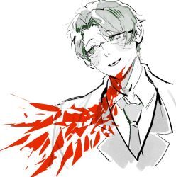  1boy blood blush collared_shirt crystal_wings dongrang_(project_moon) glasses green_eyes lab_coat limbus_company looking_to_the_side mole mole_on_neck necktie open_mouth patchfire project_moon shirt simple_background smile solo suit wing_collar 