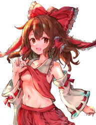  absurdres bare_shoulders blush bow breasts brown_eyes brown_hair check_commentary clothes_lift collarbone commentary_request cowboy_shot detached_sleeves female frilled_bow frilled_hair_tubes frilled_shirt_collar frills groin hair_tubes hairbow hakurei_reimu half_updo highres ikazuchi_akira long_sleeves looking_at_viewer medium_hair navel no_bra open_mouth red_bow red_shirt red_skirt ribbon-trimmed_sleeves ribbon_trim shirt shirt_lift sidelocks simple_background skirt sleeveless sleeveless_shirt smile solo stomach touhou underboob white_background white_sleeves wide_sleeves 