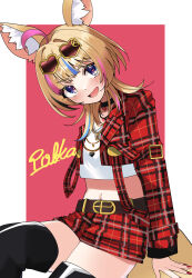  absurdres ahoge animal_ears belt black_choker black_hair black_thighhighs blonde_hair blue_hair blush brown_belt character_name character_signature choker commentary_request cropped_jacket cropped_shirt eyewear_on_head feet_out_of_frame female flat_chest fox_ears fox_girl fox_tail glasses heart heart-shaped_eyewear heart-shaped_pupils highres hololive jacket long_hair long_sleeves looking_at_viewer medium_bangs midriff multicolored_hair multiple_necklaces nail_polish navel official_alternate_costume omaru_polka omaru_polka_(5th_costume) opaque_glasses open_clothes open_jacket open_mouth pink_background pink_hair plaid_clothes plaid_jacket plaid_shorts red-tinted_eyewear red_jacket red_nails red_shorts shirt shorts simple_background smile solo streaked_hair sunglasses symbol-shaped_pupils tail thighhighs tinted_eyewear two-tone_background virtual_youtuber white_background white_shirt wolf_cut zono_(inokura_syuzo029) 