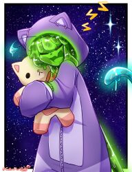  absurd_res addy_(morbidlycutecrunch) ahoge cat_costume cat_plushie closed_eyes clothed clothing costume female glistening glistening_body goo_creature goo_humanoid green_body hair hi_res hug humanoid morbidlycutecrunch open_mouth pajamas plushie purple_clothing solo space star tail teddy_bear 