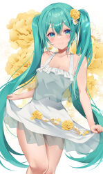  alternate_costume aqua_eyes aqua_hair bare_legs bare_shoulders breasts cleavage closed_mouth clothes_lift collarbone contrapposto curtsey dress feet_out_of_frame female floral_background flower frilled_dress frills hair_between_eyes hair_flower hair_ornament hatsune_miku highres light_blush long_hair looking_at_viewer medium_dress nobell_(bell_no5) skirt skirt_lift smile solo sundress twintails very_long_hair vocaloid white_dress 