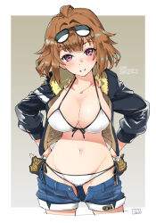  bikini bikini_under_clothes black_jacket blush breasts brown_hair character_name cleavage clothes_pull collarbone commentary commentary_request cropped_legs eyewear_on_head female front-tie_bikini_top front-tie_top fujii_jun fur-trimmed_jacket fur_trim girls&#039;_frontline gradient_background grizzly_mkv_(girls&#039;_frontline) hand_on_own_hip inset_border jacket looking_at_viewer medium_hair open_clothes open_jacket parted_lips purple_eyes short_shorts shorts shorts_pull side-tie_bikini_bottom simple_background smile solo straight-on sunglasses swimsuit unzipped white_bikini 