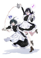  !? 2boys absurdres ahoge alternate_costume ankle_boots apron arm_up black_dress black_hair boots buttons crossdressing cup danganronpa_(series) danganronpa_v3:_killing_harmony dress dynamic_pose enmaided eyelashes flipped_hair full_body hair_between_eyes highres holding holding_teapot holding_tray korean_commentary long_sleeves maid maid_headdress male_focus male_maid multiple_boys musical_note oma_kokichi open_mouth otoko_no_ko pouring purple_eyes purple_hair saihara_shuichi shadow short_hair simple_background single_thighhigh smile speech_bubble spoken_musical_note standing standing_on_one_leg surprised sweatdrop tea teacup teapot thighhighs tray ttegi_(ddeck_dg) waist_apron white_apron white_background white_thighhighs yellow_eyes 