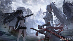  2girls absurdres alpha_(punishing:_gray_raven) bikini bikini_top_only black_bikini black_coat black_gloves black_hair black_rock_shooter black_rock_shooter_(character) black_shorts blue_eyes breasts building city coat cowboy_shot facing_away floating_hair gloves gradient_hair highres holding holding_sword holding_weapon hood hood_down hooded_coat long_hair lucia:_crimson_weave_(punishing:_gray_raven) multicolored_hair multiple_girls no_shirt official_art outstretched_arm pointing ponytail post-apocalypse profile punishing:_gray_raven red_hair rock_cannon rubble ruins scar scar_on_chest shorts sky small_breasts swimsuit sword twintails very_long_hair weapon weibo_logo weibo_watermark white_coat white_hair white_sky wu_lun_wujin 