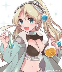  :d atelier_(series) atelier_marie blonde_hair blue_eyes breasts cleavage coat commentary_request cowboy_shot crop_top earrings female flask green_coat hair_ornament hands_up haruna_(citrus_love_i) holding holding_flask jewelry long_hair long_sleeves looking_at_viewer low-tied_long_hair marie_(atelier) medium_breasts midriff navel open_mouth round-bottom_flask smile solo twitter_username white_background 