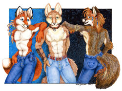  2002 anthro armor beads belt blue_bottomwear blue_clothing blue_eyes blue_jeans blue_pants bottomwear bracelet bracers brown_belt brown_collar brown_hair canid canine clothed clothing collar denim denim_bottomwear denim_clothing ear_piercing ear_ring feather_accessory fennec_fox fox front_view fur furgonomic_bottomwear furgonomic_pants furgonomics group hair humanoid_hands jeans jewelry looking_at_another looking_at_viewer looking_back looking_back_at_viewer male mammal navel open_mouth open_smile orange_body orange_fur pants pecs piercing rear_view red_fox ring_piercing shaded signature smile snout tail tail_button_bottoms tail_clothing topless traditional_media_(artwork) trio true_fox white_body white_fur white_inner_ear xianjaguar 