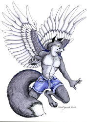  2000 anthro back_wings black_nose blue_bottomwear blue_clothing blue_shorts bottomwear canid canine clothed clothing cutoffs denim denim_bottomwear denim_clothing digitigrade feathered_wings feathers fox full-length_portrait fur grey_body grey_fur hindpaw humanoid_hands kneeling male mammal nipples paws pecs portrait shaded shorts shorts_only signature simple_background snout solo topless traditional_media_(artwork) white_background white_body white_feathers white_fur white_inner_ear wings xianjaguar yellow_eyes 