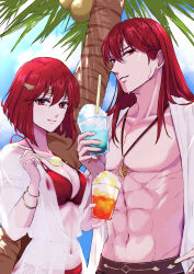  1boy abs alternate_costume bikini blue_sky breasts brother_and_sister circlet cleavage closed_mouth cloud commentary_request female fire_emblem fire_emblem:_mystery_of_the_emblem height_difference highres holding holding_spoon jacket jewelry large_breasts leaf lips long_hair looking_at_viewer michalis_(fire_emblem) minerva_(fire_emblem) muscular muscular_male navel necklace open_clothes open_jacket outdoors palm_tree pink_lips red_bikini red_eyes red_hair see-through see-through_jacket short_hair siblings sky smile spoon stomach swimsuit tree wet white_jacket yori_ilrosso 