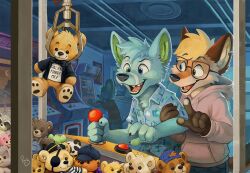  aloha_shirt anthro arcade arcade_machine blue_body blue_eyes blue_fur blue_hair brown_eyes canid canine claw_machine clothing duo ear_piercing eyewear fox fur glasses green_eyes hair hoodie inner_ear_fluff male male/male mammal mouse multicolored_body multicolored_fur murid murine orange_body orange_fur orange_hair pandapaco pattern_clothing pattern_shirt pattern_topwear piercing plushie proposal rodent shirt smile teddy_bear topwear tuft two_tone_body two_tone_fur 